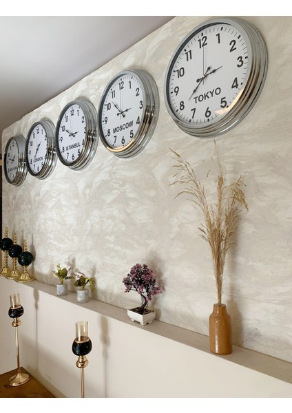 Ülke Saatleri Klasik Duvar Saati 40 cm Krom Metal 5’li Seti fiyatları