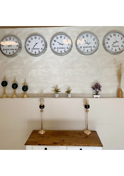 Ülke Saatleri Klasik Duvar Saati 40 cm Krom Metal 5’li Seti modelleri