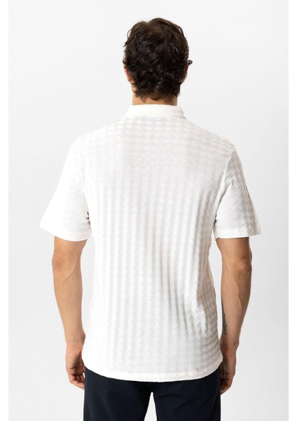 Beyaz Regular Fit Desenli Kısa Kollu %100 Pamuk Gömlek