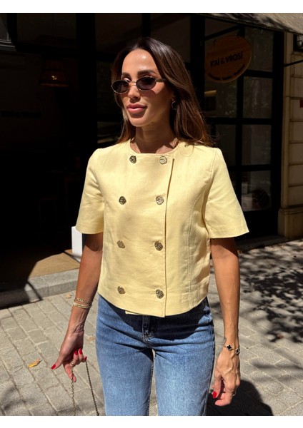 Kadın Gold Düğme Crop Sarı Keten Ceket