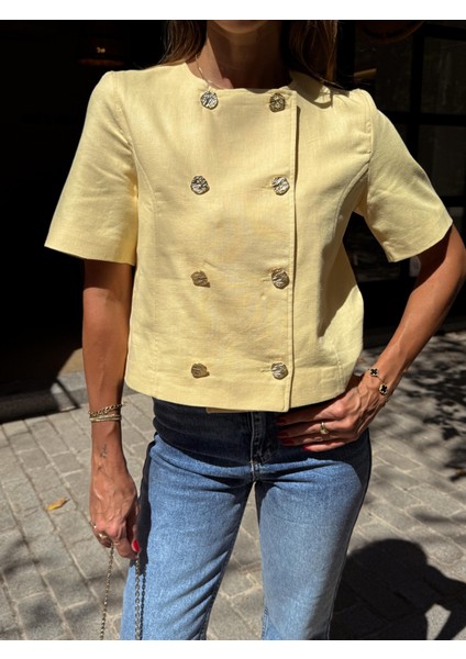Kadın Gold Düğme Crop Sarı Keten Ceket modelleri