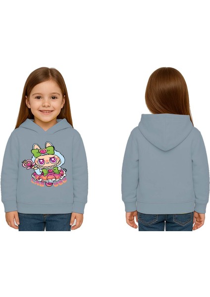 Unisex Baskılı Çocuk Swaetshirt Labubu Baskılı Kapüşonlu 3 Iplik Şardonlu