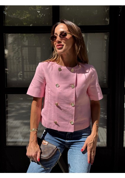 Kadın Gold Düğme Crop Pembe Keten Ceket