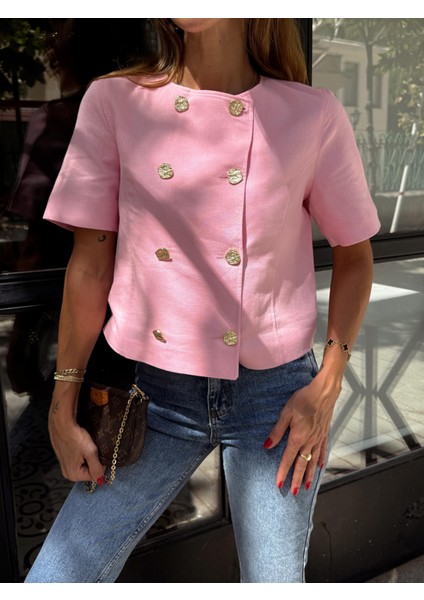 Kadın Gold Düğme Crop Pembe Keten Ceket fiyatları