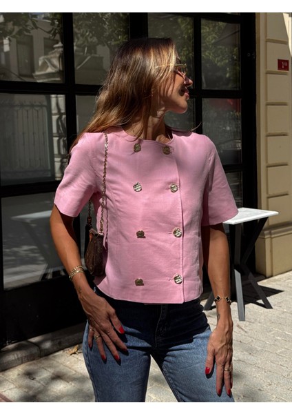 Kadın Gold Düğme Crop Pembe Keten Ceket modelleri