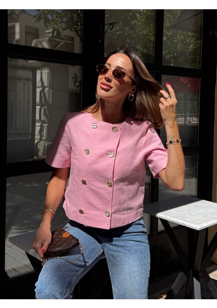 Kadın Gold Düğme Crop Pembe Keten Ceket fırsatları