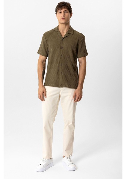 Haki Regular Fit Küba Yaka Örme Kısa Kollu Gömlek