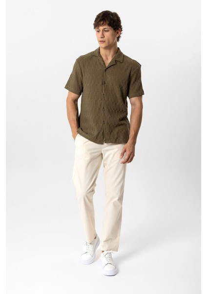 Haki Regular Fit Küba Yaka Örme Kısa Kollu Gömlek