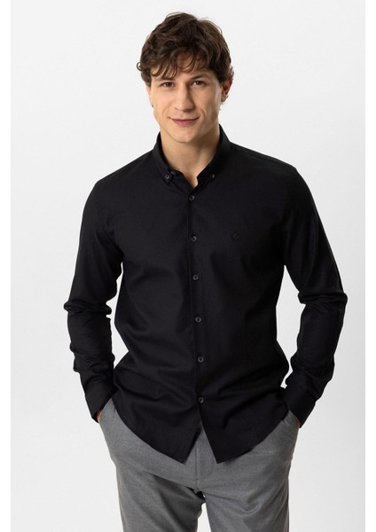 Siyah Slim Fit Armürlü %100 Pamuk Gömlek