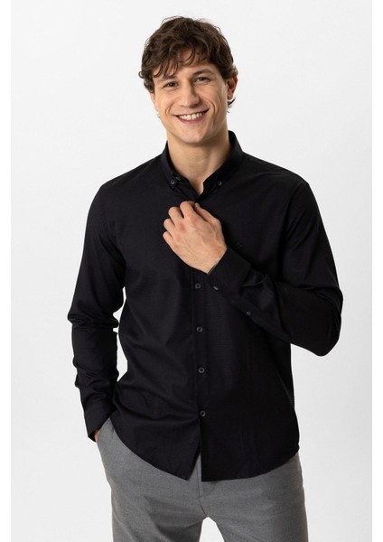 Siyah Slim Fit Armürlü %100 Pamuk Gömlek fiyatları