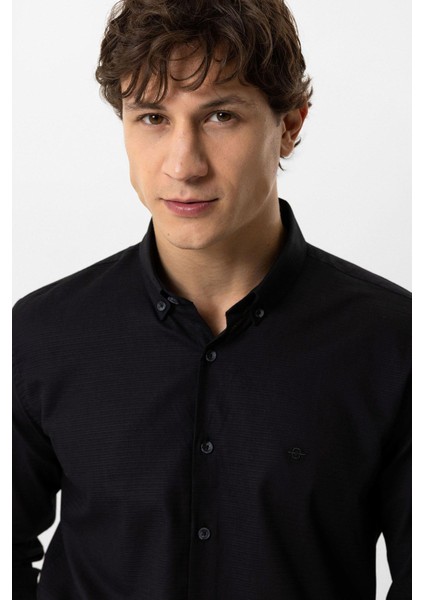 Siyah Slim Fit Armürlü %100 Pamuk Gömlek modelleri