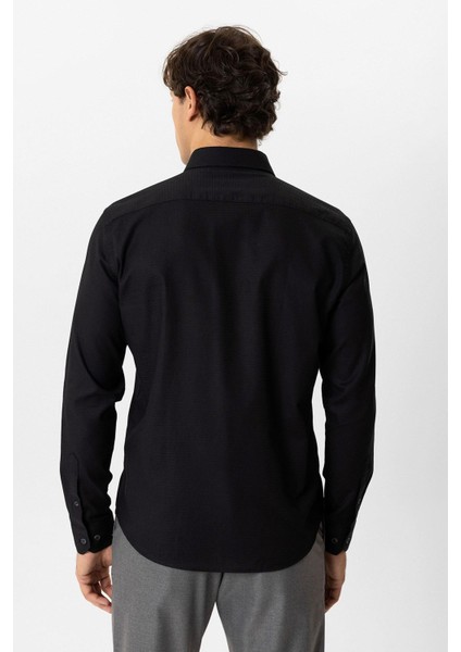 Siyah Slim Fit Armürlü %100 Pamuk Gömlek fırsatları