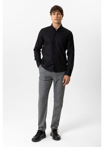 Siyah Slim Fit Armürlü %100 Pamuk Gömlek