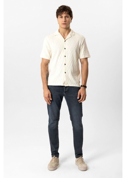 Ekru Regular Fit Küba Yaka Örme Kısa Kollu Gömlek