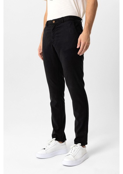 Siyah Slim Fit Pamuklu Beli Bağcıklı Yan Cep Chino Pantolon modelleri
