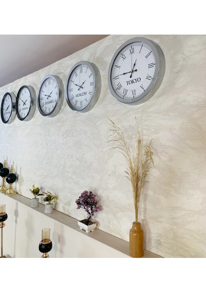 Dünya Saatleri Duvar Saati 36 cm Krom Metal 5’li Dünya Saatleri Seti