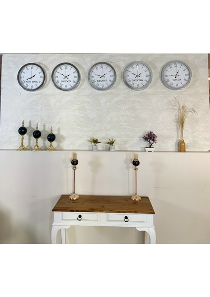 Dünya Saatleri Duvar Saati 36 cm Krom Metal 5’li Dünya Saatleri Seti fiyatları