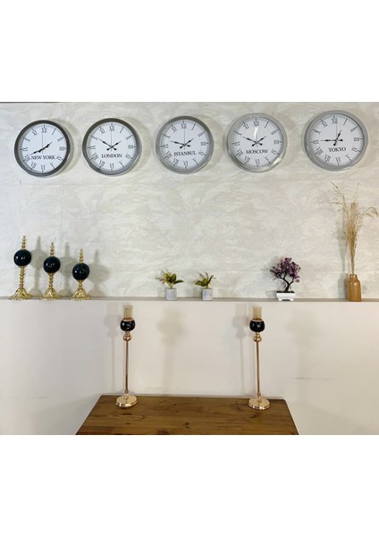 Dünya Saatleri Duvar Saati 36 cm Krom Metal 5’li Dünya Saatleri Seti modelleri