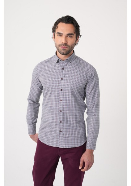 Uzun Kollu Paşa Yaka Regular Fit Erkek Gri Gömlek GMEKS252157_E55