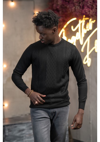 Regular Fit Yünlü Kendinden Desenli Bisiklet Yaka Triko Kazak