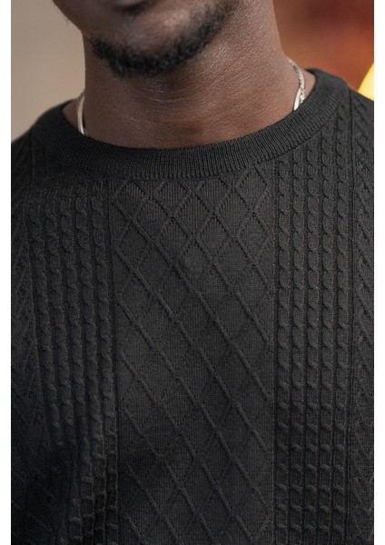 Regular Fit Yünlü Kendinden Desenli Bisiklet Yaka Triko Kazak fırsatları