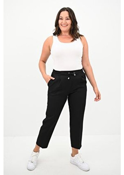 Kadın Büyük Beden Yüksek Bel Dökümlü Pantolon 6201-25 Günlük Stil Dar Paça Rahat Kumaş