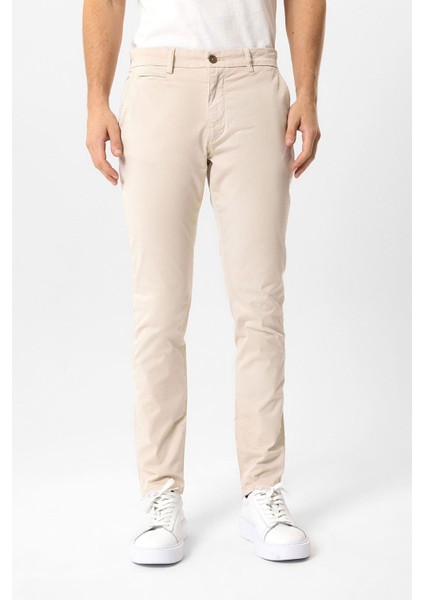 Bej Slim Fit Pamuklu Yan Cep Chino Pantolon