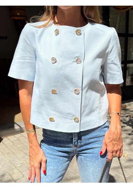 Kadın Gold Düğme Crop Mavi Keten Ceket fiyatları