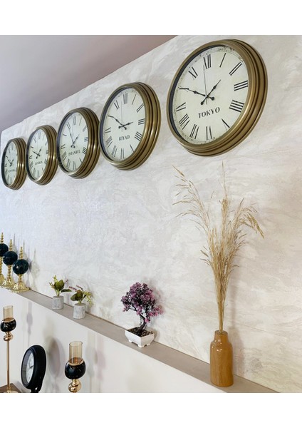 Dünya Saatleri Duvar Saati 40 cm Eskitme Metal 5’li Seti