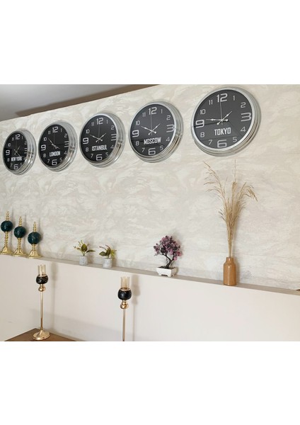 Dünya Saatleri Duvar Saati 40 cm Krom Metal 5’li Seti