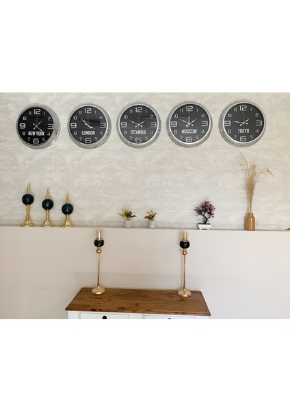Dünya Saatleri Duvar Saati 40 cm Krom Metal 5’li Seti fiyatları