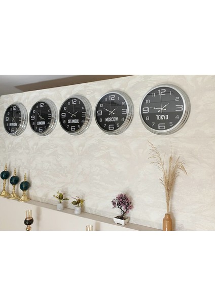 Dünya Saatleri Duvar Saati 40 cm Krom Metal 5’li Seti modelleri