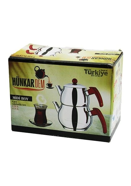 Midi Boy Küre Çelik Çaydanlık Seti Renkli Bakalit Kulp Üst Demlik: 0.5lt - Alt Suluk: 0.75LT Kendinden Süzgeçli (5047)