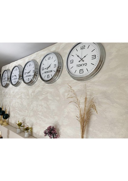 Ülke Saatleri Duvar Saati 40 cm Krom Metal 5’li Seti