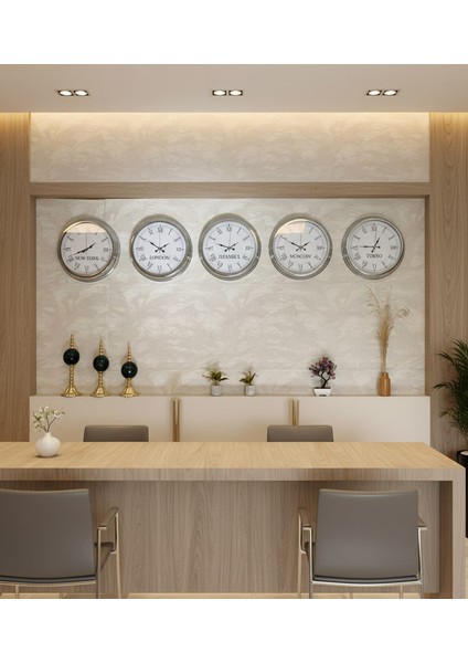 40 cm Krom Metal 5’li Seti-Otel Dünya Saatleri Duvar Saati