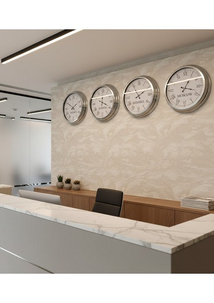 40 cm Krom Metal 5’li Seti-Otel Dünya Saatleri Duvar Saati fiyatları