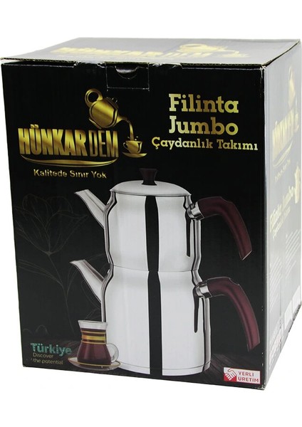 Filinta Jumbo Boy Çelik Çaydanlık Seti Çift Kapaklı Renkli Bakalit Kulp Üst Demlik: 2lt - Alt Suluk: 4lt Kendinden Süzgeçli (5047)