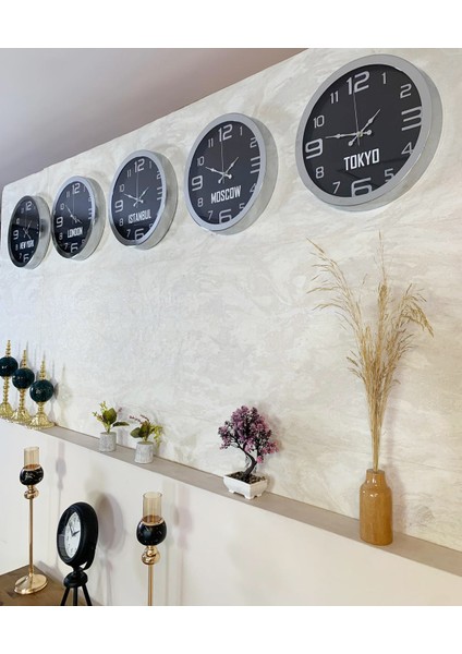 Dünya Saatleri Duvar Saati 36 cm Krom Metal 5’li Seti