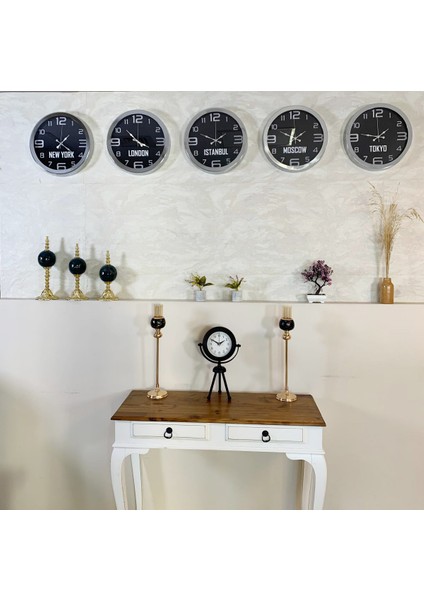 Dünya Saatleri Duvar Saati 36 cm Krom Metal 5’li Seti modelleri