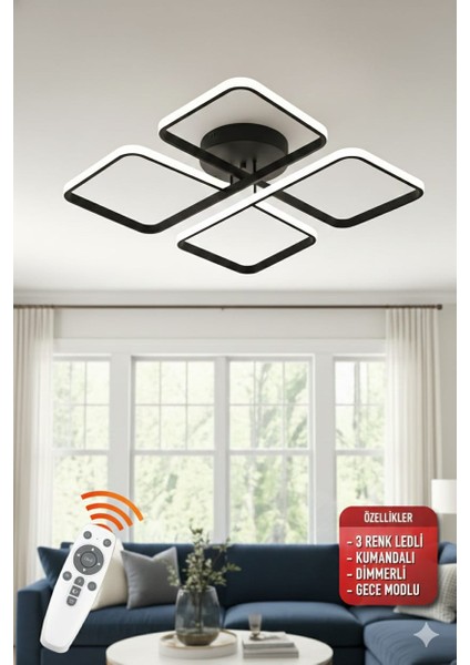 Finesse Siyah Kasa,03 Renk LED Işıklı,kumandalı,salon,oturma Odası,yatak Için LED Avize