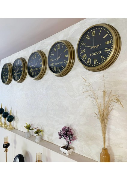 40 cm Eskitme Metal 5 Li Set Otel Dünya Saatleri Duvar Saati