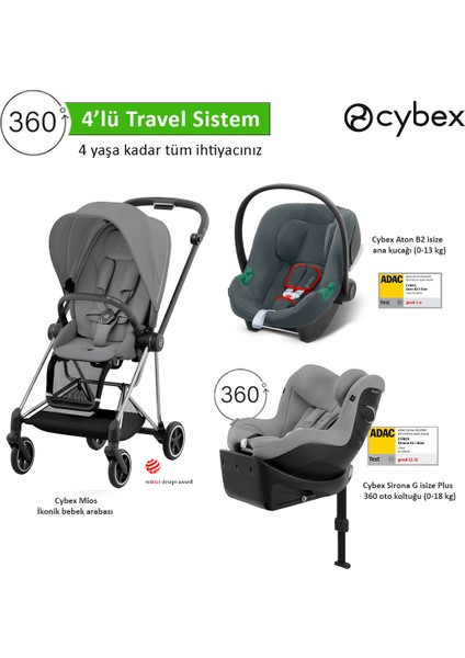 4 Lü Travel Sistem Indirimi Cybex Mios Chrome Black Mirage Grey + Aton B2 Isize + Sirona 360 G Isize Plus + Mios Adaptör