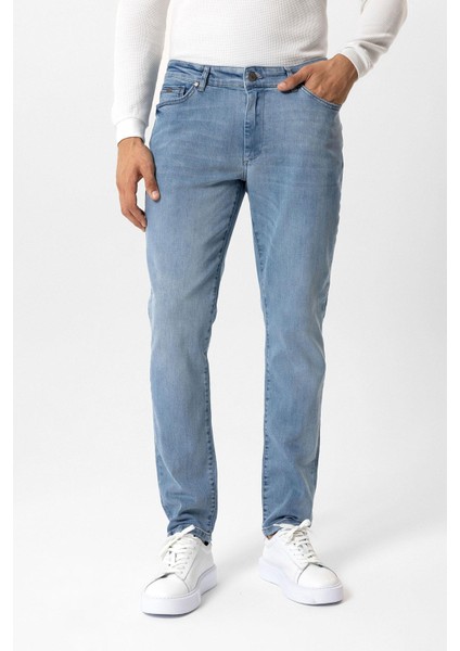 Açık Mavi Slim Fit 5 Cepli Pamuklu Denim Pantolon fiyatları