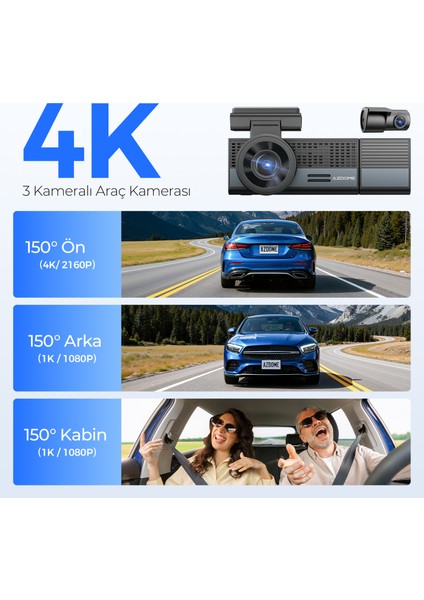 M500 4K 3 Kameralı Araç Içi Kamera