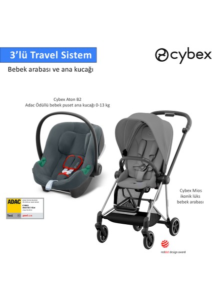 3 Lü Travel Sistem Indirimi Cybex Mios Chrome Black Mirage Grey+ Cybex Aton B2 Isize + Mios Adaptör