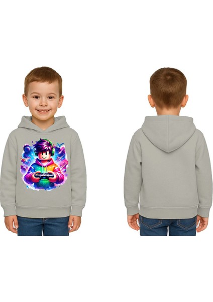 Unisex Roblox Baskılı Çocuk Swaetshirt Baskılı Kapüşonlu 3 Iplik Şardonlu