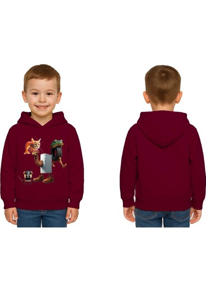 Unisex Brainrot Baskılı Çocuk Swaetshirt Kapüşonlu 3 Iplik Şardonlu