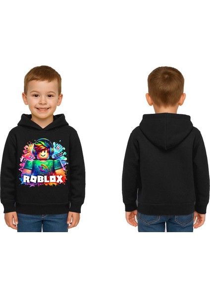 Unisex Roblox Baskılı Çocuk Swaetshirt Baskılı Kapüşonlu 3 Iplik Şardonlu