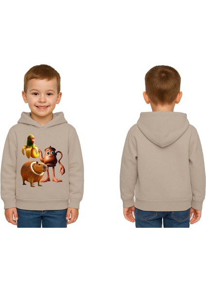 Unisex Brainrot Baskılı Çocuk Swaetshirt Kapüşonlu 3 Iplik Şardonlu