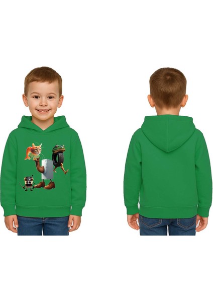 Unisex Brainrot Baskılı Çocuk Swaetshirt Kapüşonlu 3 Iplik Şardonlu